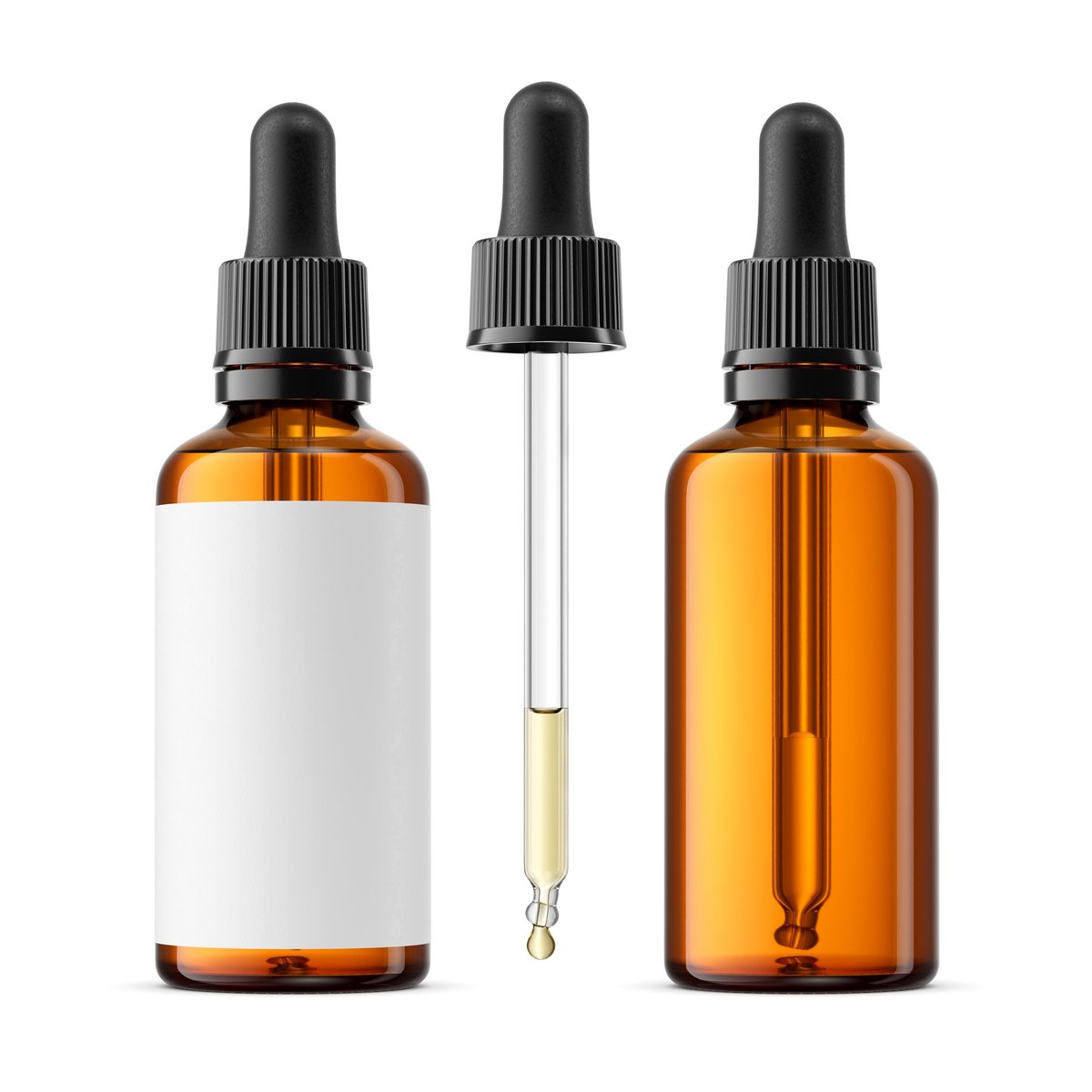 Amber glass cosmetic dropper 50ml bottle isolated on white background. 3D rendering illustration.